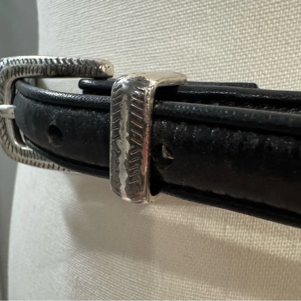 Brighton Black Leather Belt Silver Buckle Aztec Bead Square Design Pink Teal Med